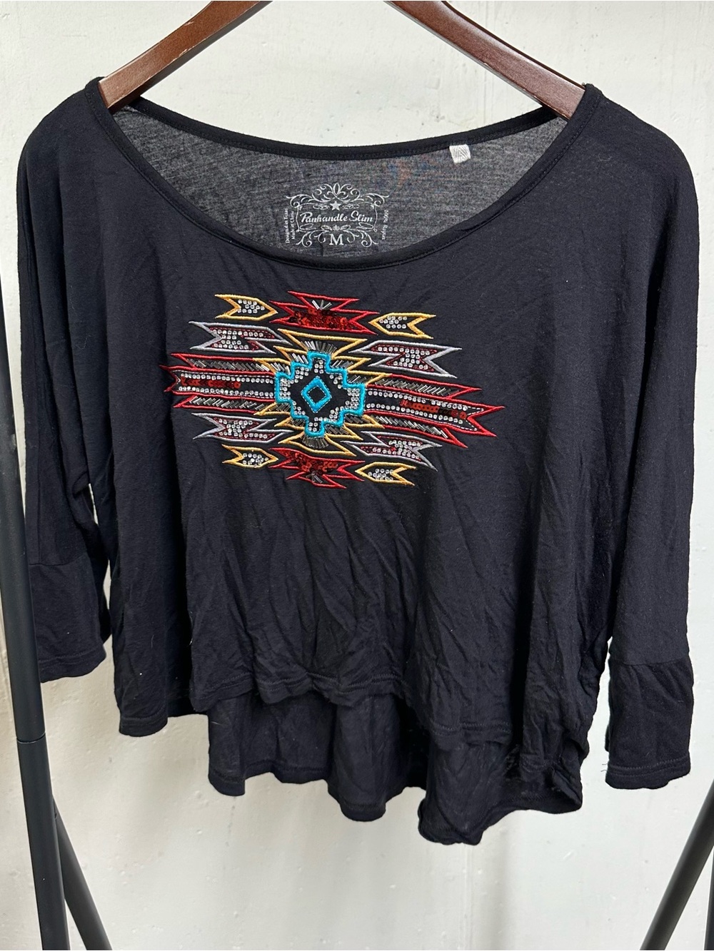 Panhandle Slim Black Long Sleeve Top with Colorful Southwestern Embroidery 🐴